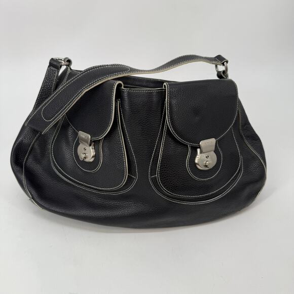 Furla Large Shoulder Bag Handbag Womens Black Pebbled Leather Silver Hardware - Picture 1 of 10